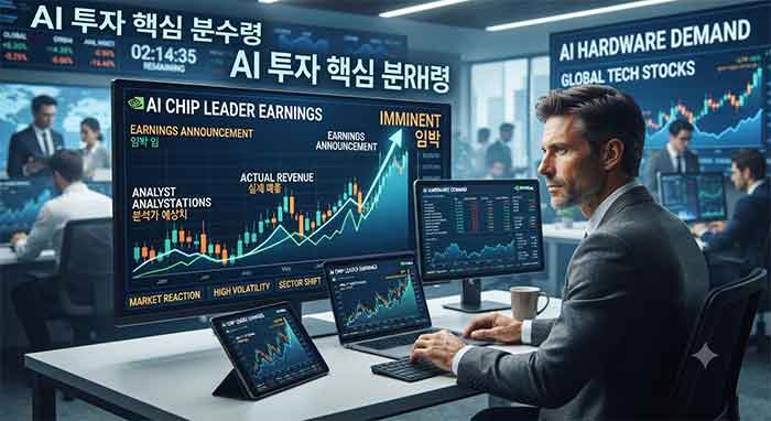 AI 실적 발표와 주식 그래프를 분석하는 전문가의 모습.
