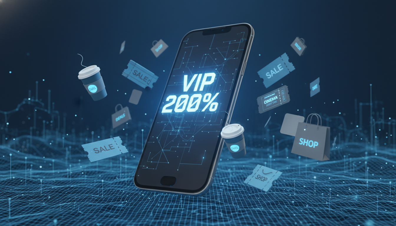 LG 유플러스 VIP 멤버십 할인 혜택과 유플투쁠을 상징하는 블루 그레이 톤의 스마트폰 및 다양한 혜택 쿠폰 일러스트