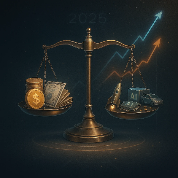 가치 투자와 성장 투자의 균형을 상징하는 공중의 황동 저울, 미래 금융 그래프와 함께 우주적 배경 위에 떠 있음