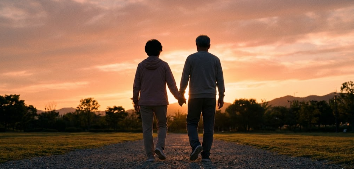 해질녘 노을 아래에서 손을 맞잡고 산책하는 행복한 노부부