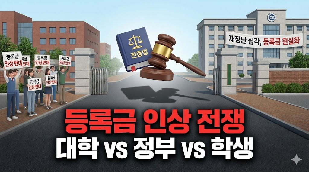 등록금 인상을 두고 대립하는 학생들과 대학, 그리고 법적 분쟁을 암시하는 이미지