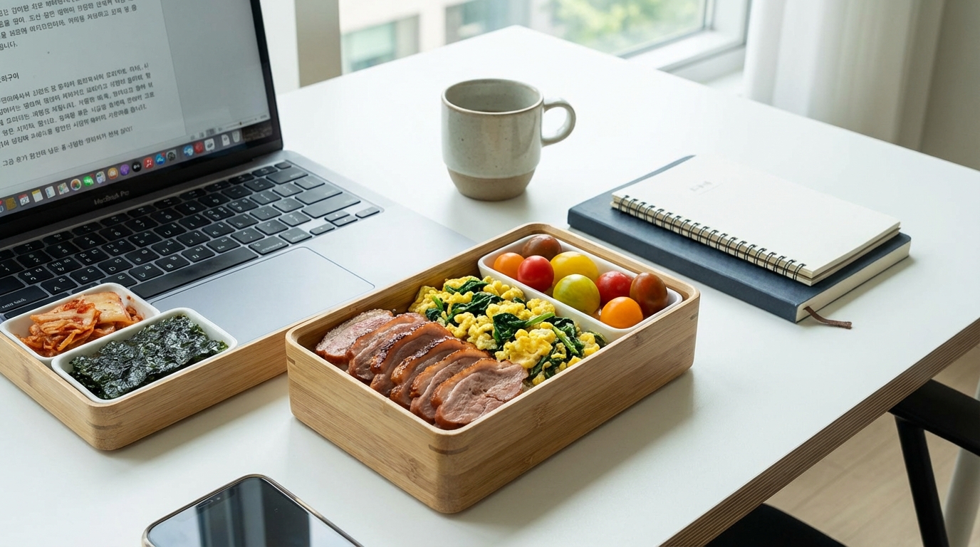 오리고기 구이, 시금치 스크램블 에그, 방울토마토로 채워진 직장인용 저탄고지 도시락