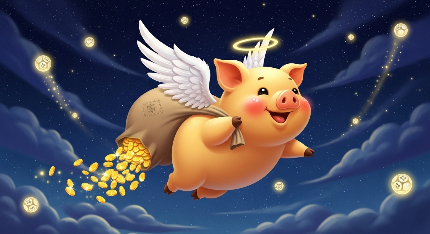 복권(로또) 공들이 떠다니는 밤하늘을 날아가는 황금 돼지 길몽 대표 이미지