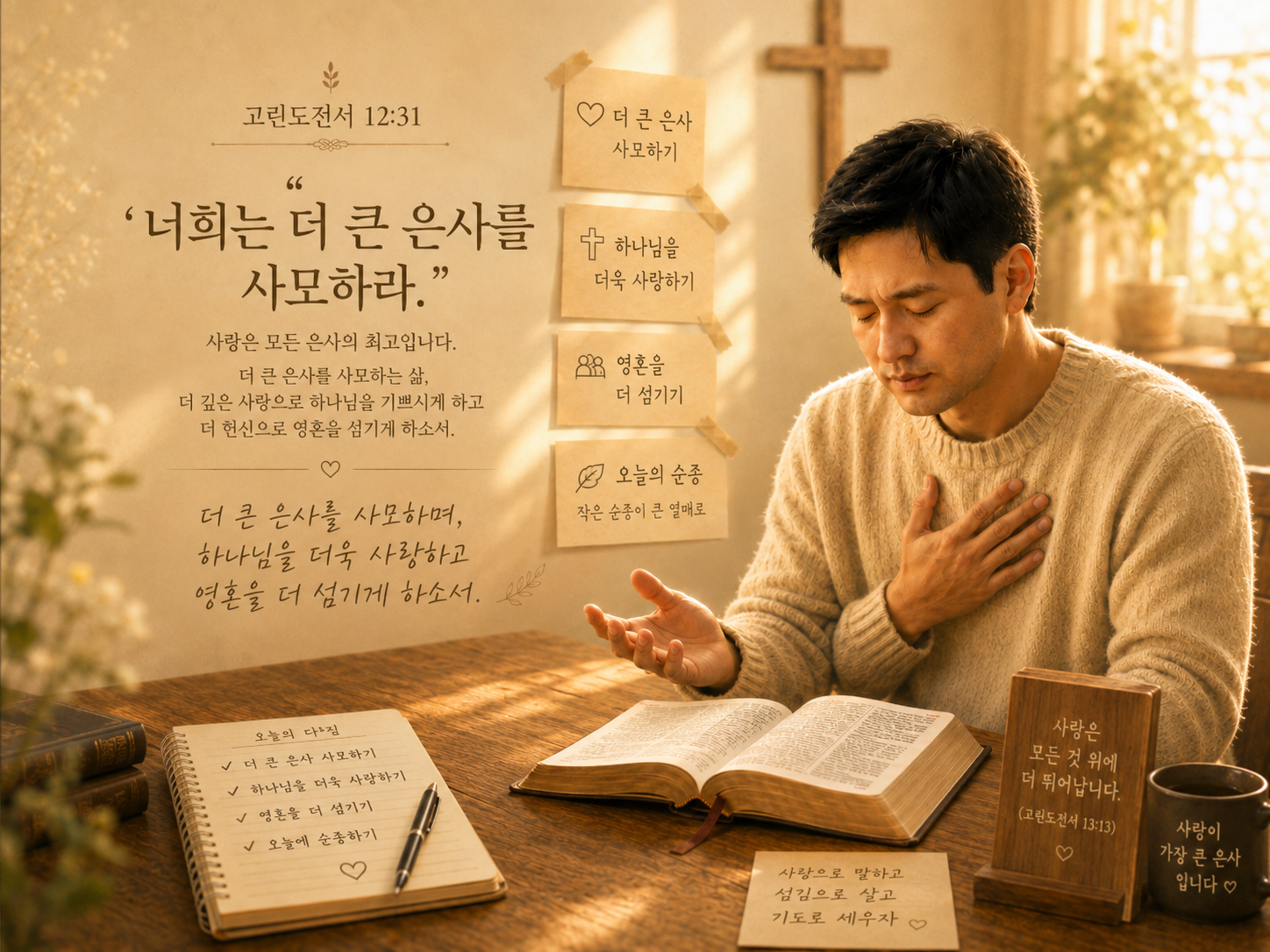 고전 12:31 말씀에서 제가 살아가면서 구해야 하는 것 중 하나는 더 큰 은사이며&amp;#44; 더욱 더 큰 은사를 생각하고 더 큰 은사로 하나님을 더욱 사랑하고 영혼을 더 섬기는 것에 마음을 두고 힘있게 살아가려는 시도를 하는 모습입니다.