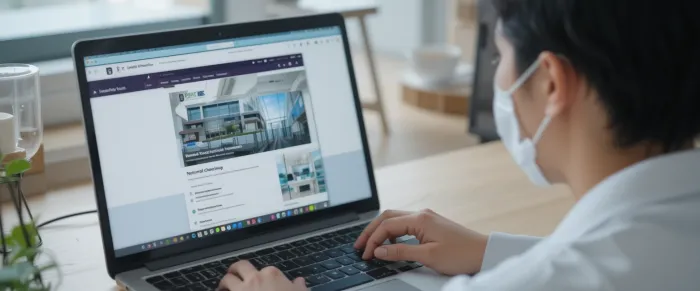 노트북으로 건강검진 기관을 검색하는 청년의 모습