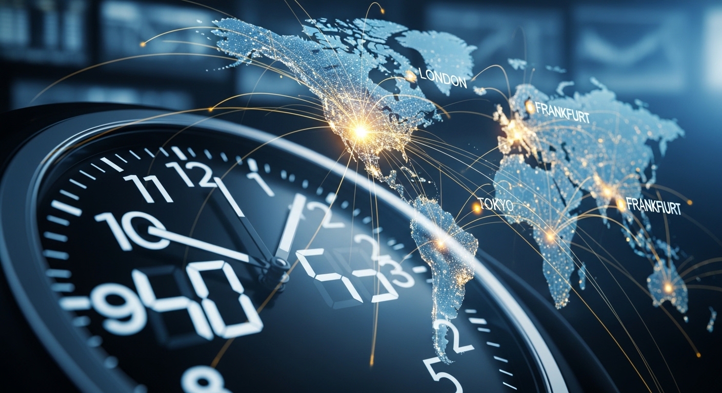 A realistic close-up of a high-speed digital clock integrated into a world map, with light streaks moving quickly across continents. Focus on the concept of 'speed' and 'timing' in finance.
