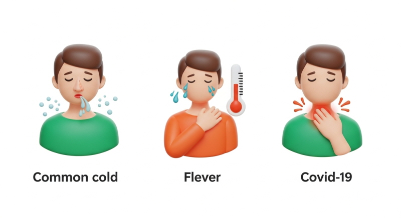 감기의 콧물, 독감의 고열과 오한, 코로나의 인후통 증상을 비교하는 아이콘 이미지