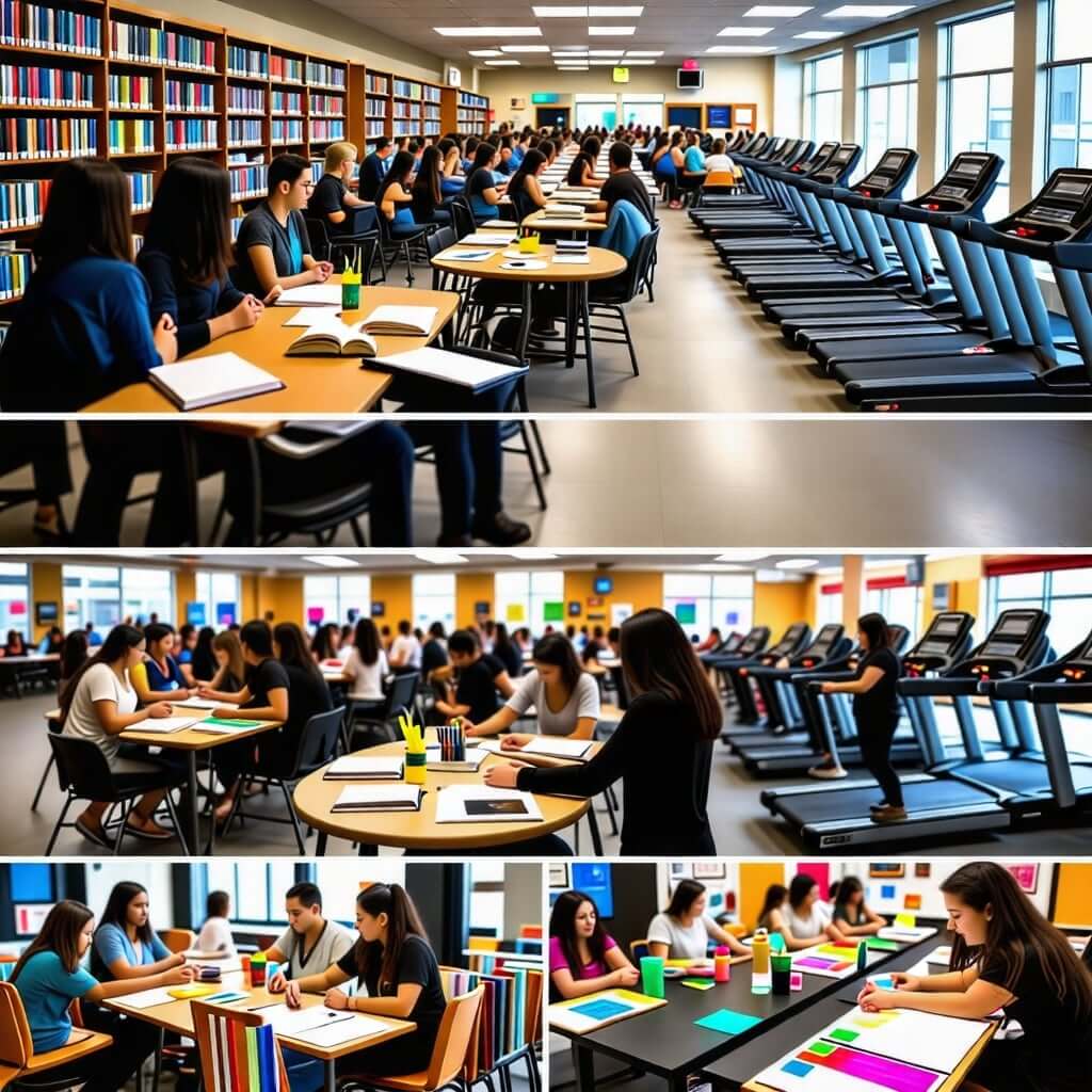 공공 도서관, 체육관, 문화센터 등에서 기초생활수급자가 시설을 이용하는 장면.