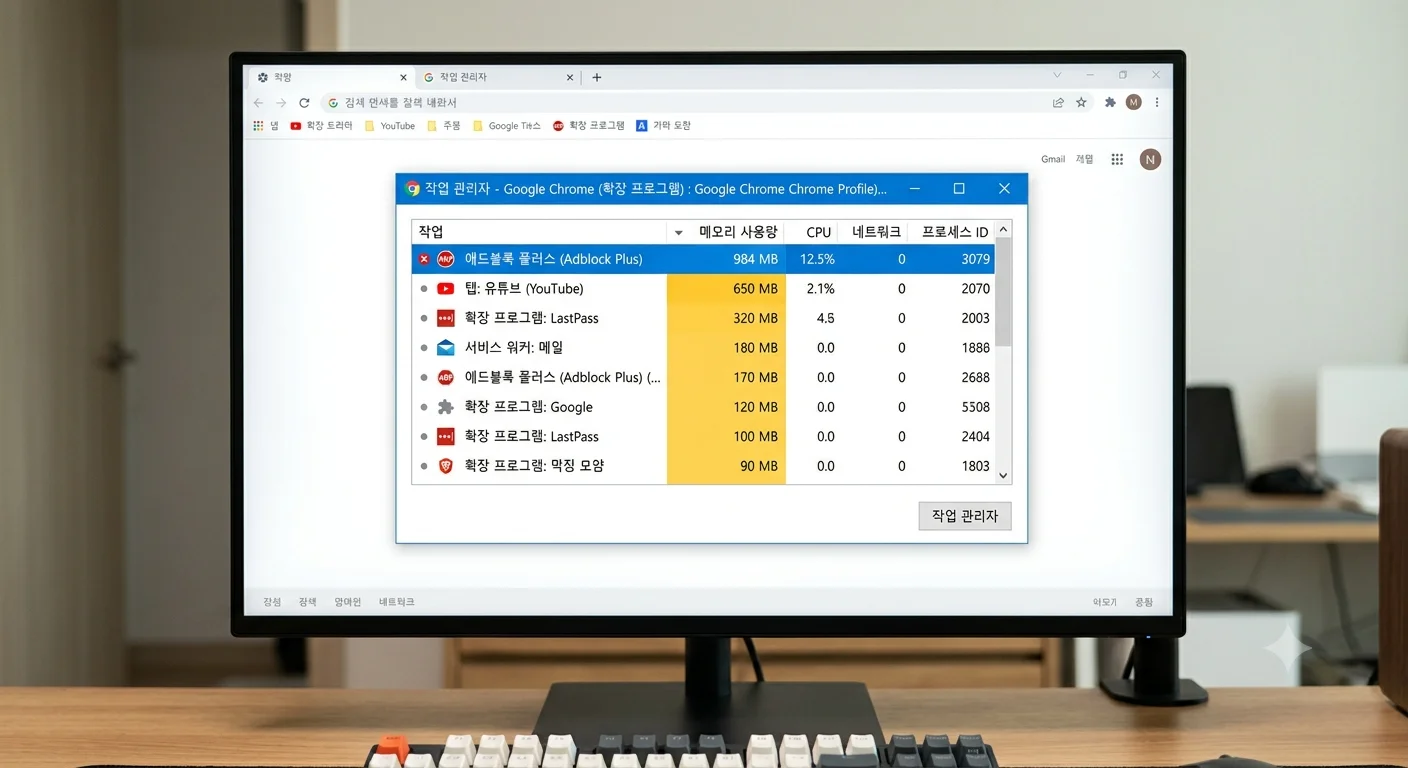 크롬 작업 관리자 단축키 Shift Esc 실행 메모리 점유율 높은 탭 확장 프로그램 확인