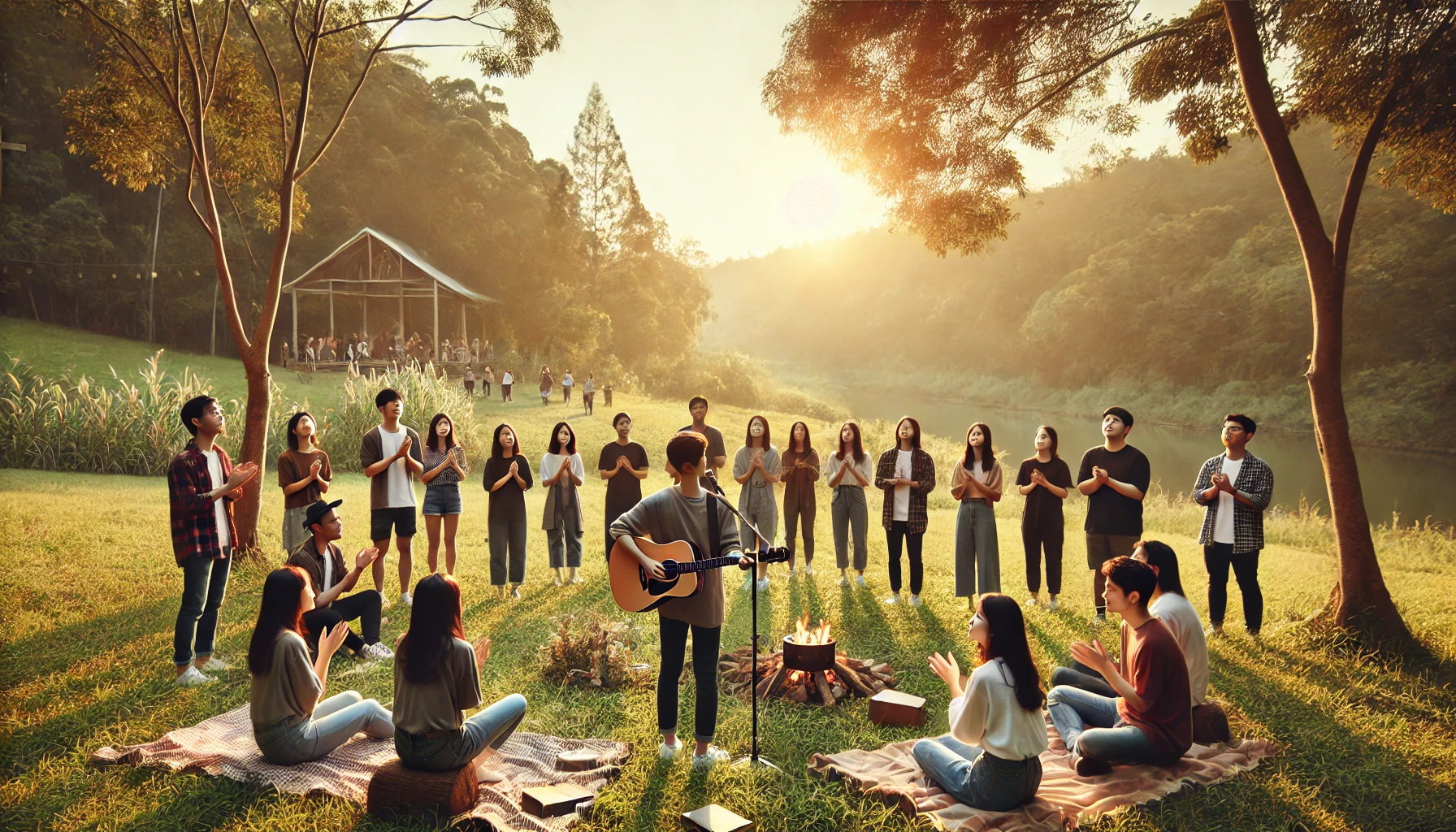 교회수련회 다같이 야외에서 찬양하는 모습의 사진