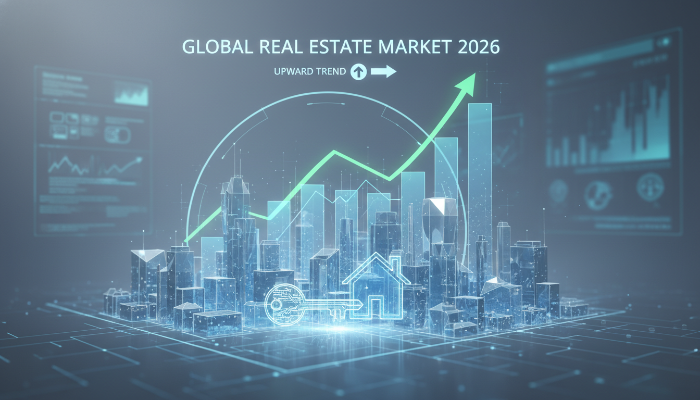 2026년 부동산 시장 전망과 상승하는 주택 가격 추이를 시각화한 전문적인 디지털 이미지