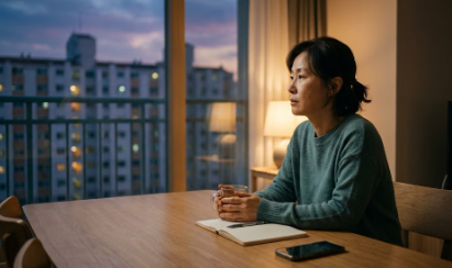 사춘기 아들을 기다리며 창가에서 깊은 생각에 잠신 엄마의 모습