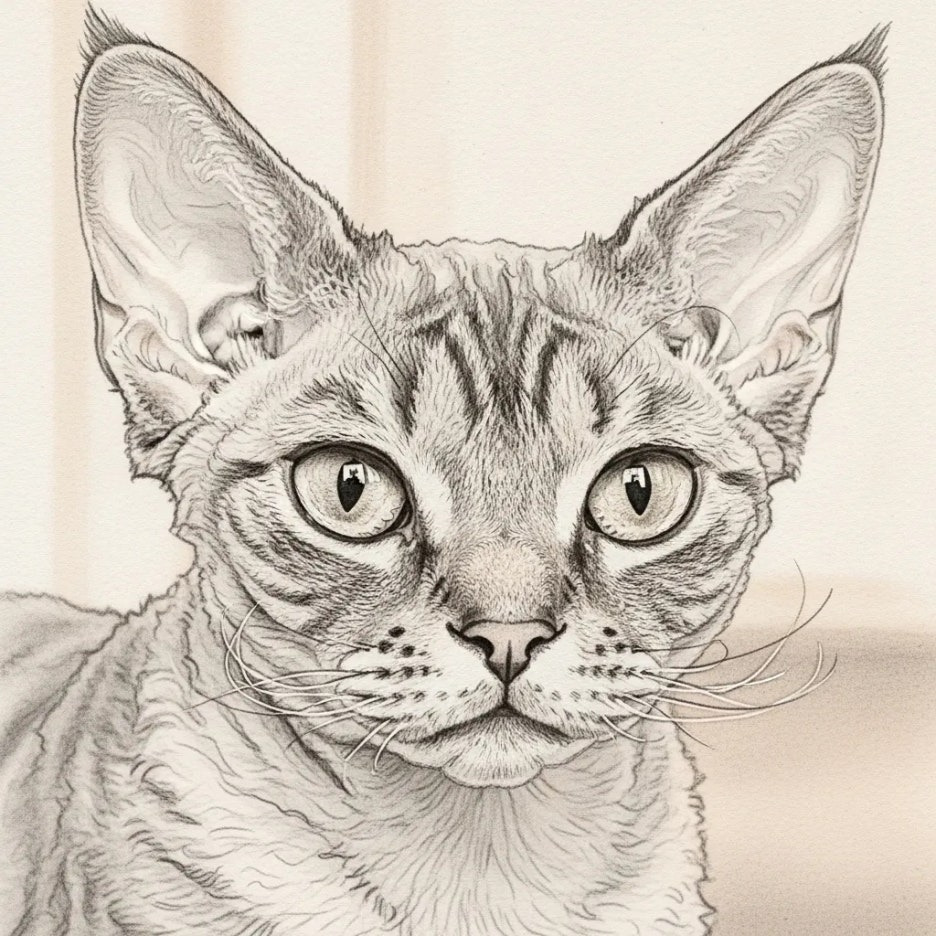 커다란 귀와 곱슬털이 돋보이는 데본렉스 고양이 얼굴