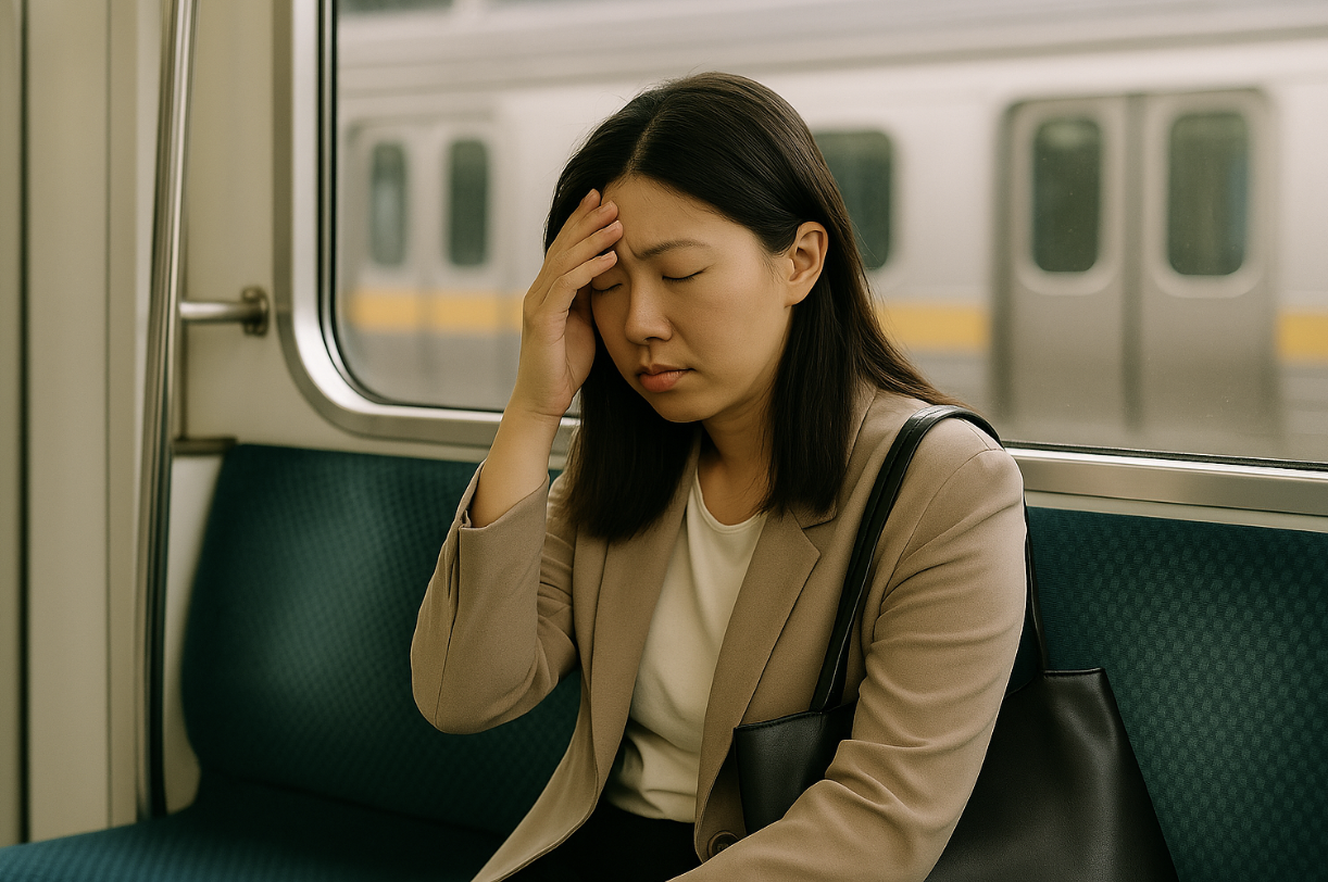 지하철 좌석에 앉아 피곤한 듯 이마를 짚고 있는 30대 직장 여성 사진