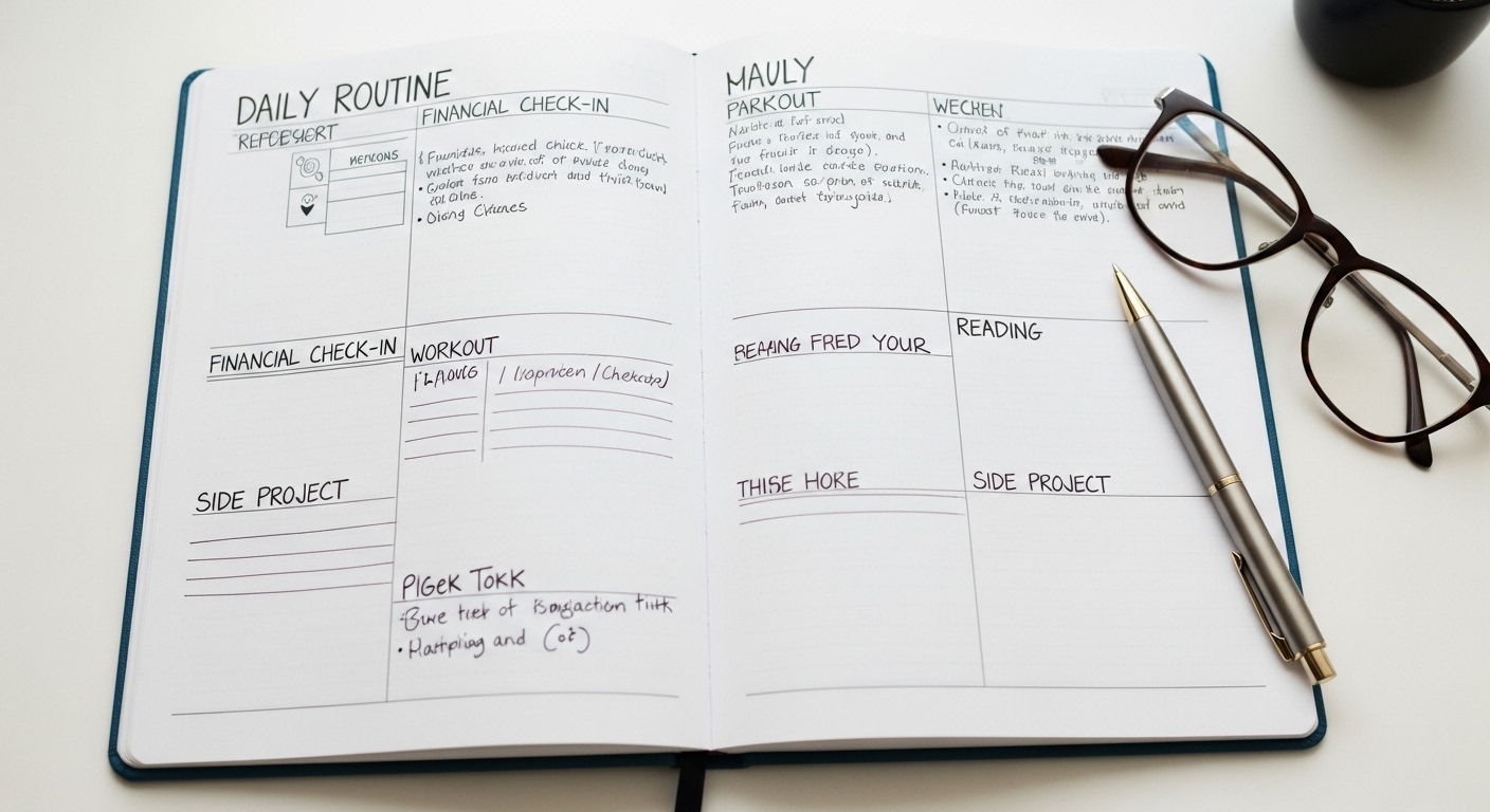 금융, 운동, 독서, N잡 등 경제적 자유를 위한 일일 계획이 적힌 다이어리.