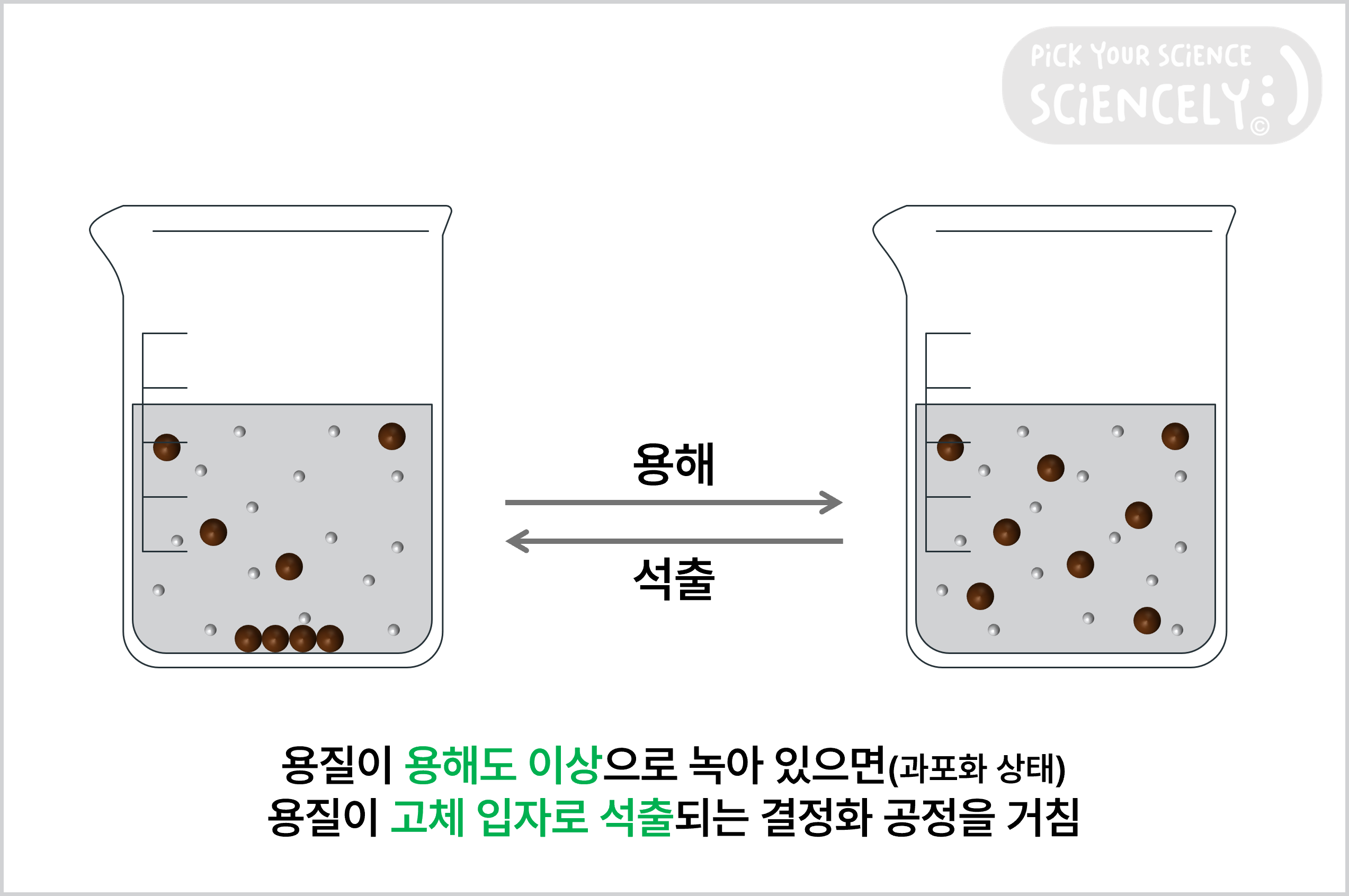 용해, 석출, 용질이 용해도 이상으로 녹아 있으면 과포화 상태가 되어 용질이 고체 입자로 석출되는 결정화 공정이 일어남