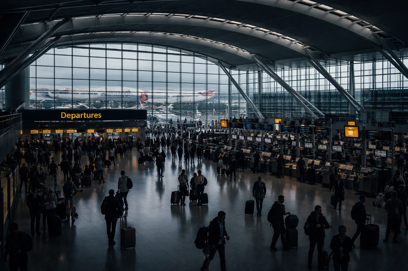 대형 공항 출발 터미널 내부에서 많은 여행객이 이동하고 있으며, 넓은 유리창 너머로 브리티시 에어웨이즈 항공기가 보이는 웅장한 분위기의 장면