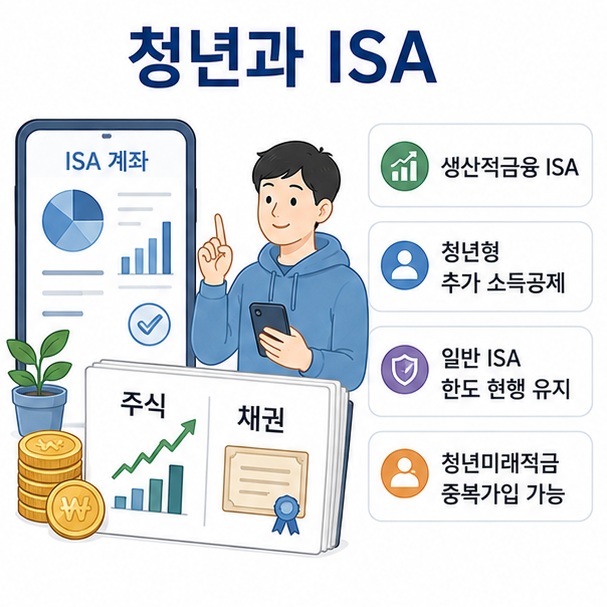 생산적금융 ISA와 청년형 추가 소득공제, 일반 ISA 조건 유지 등 청년과 투자 관련 변경 내용을 표현한 이미지