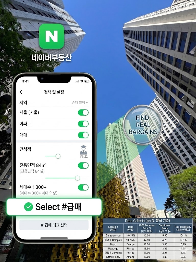 네이버 부동산 급매물 검색을 위한 전용면적 및 세대수 필터 설정 방법 안내 화면