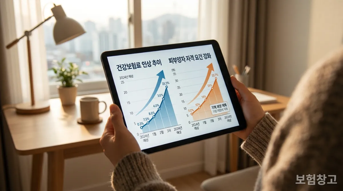 2026년 건강보험료 인상 및 피부양자 자격 강화 관련 복잡한 그래프와 데이터가 담긴 태블릿 화면