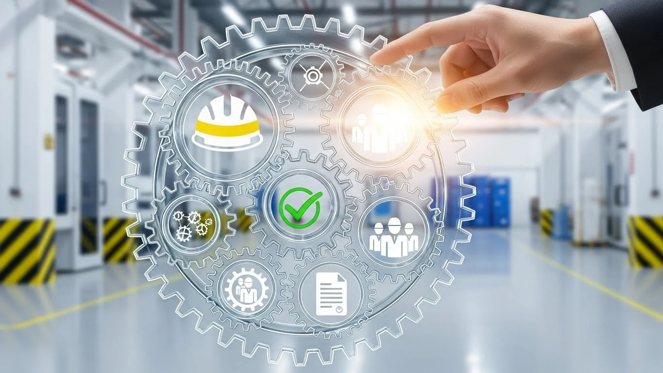 리더의 손길로 움직이는 안전보건관리체계 기어 시스템. 각 톱니바퀴 안에는 안전모, 체크리스트, 사람 아이콘이 있어 체계적인 산업재해 예방 과정을 상징함.