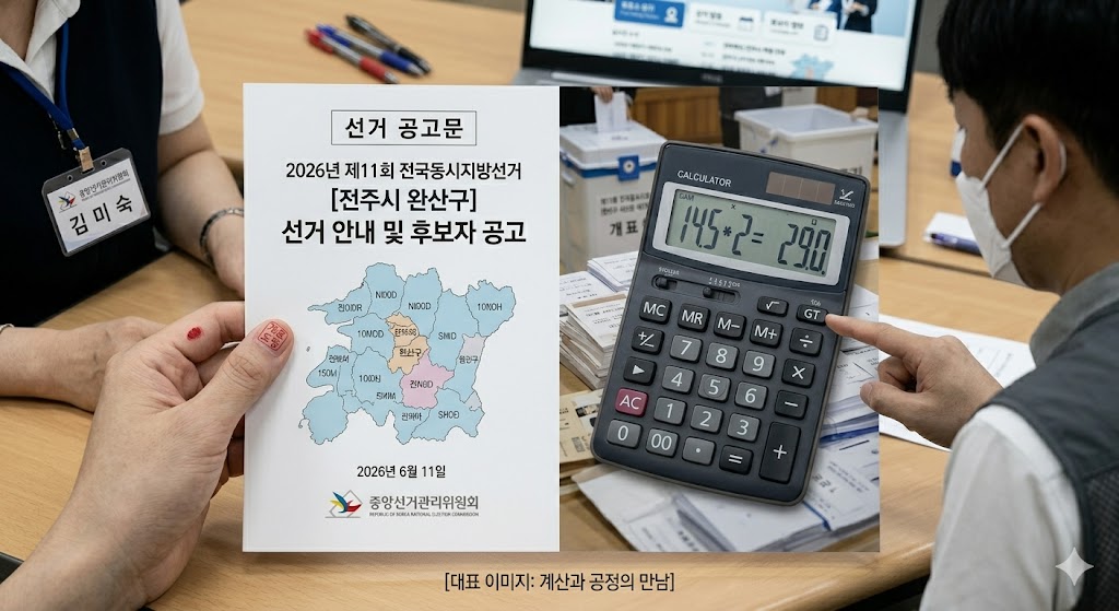 계산기와 선거 공고문을 함께 배치한 대표
