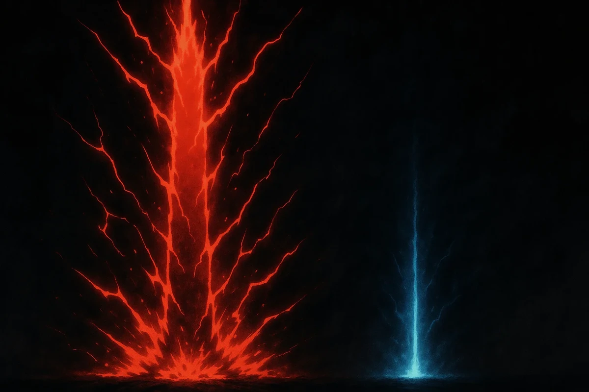 붉은 에너지 폭발과 푸른 빛의 대비 효과