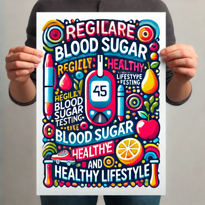 혈당 테스트의 중요성과 건강한 생활습관 유지를 독려하는 동기부여 포스터.