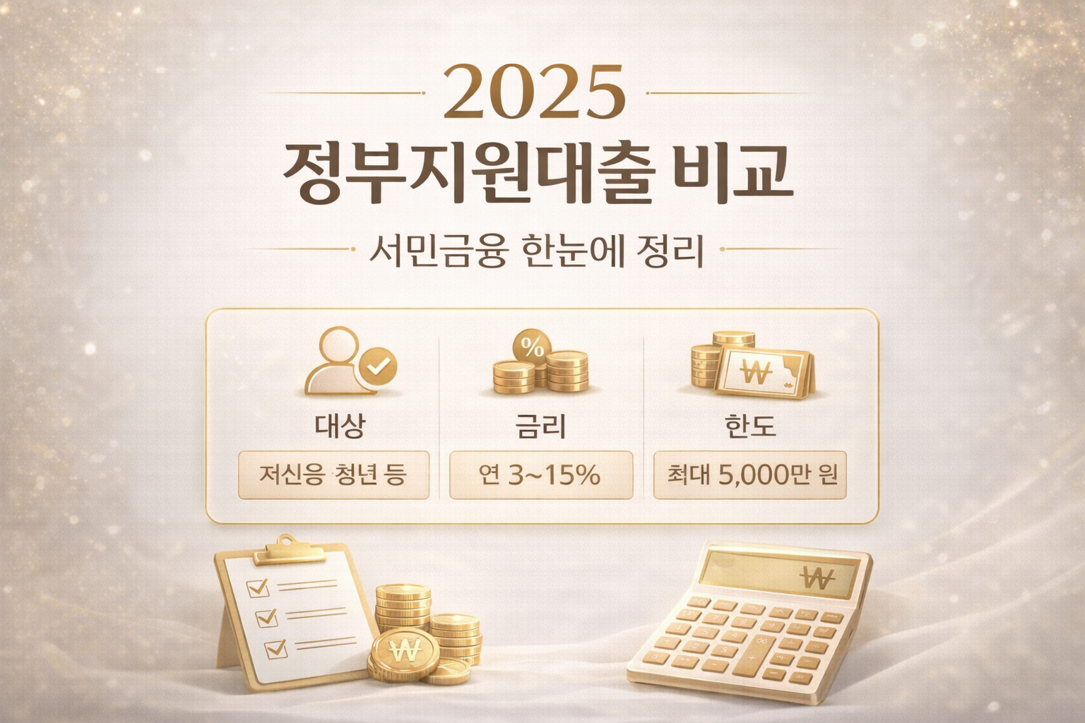 2025년 정부 지원 대출과 서민금융 상품을 금리&middot;대상&middot;한도로 비교 정리한 정보형 썸네일 이미지 (2025 government-backed loans comparison)