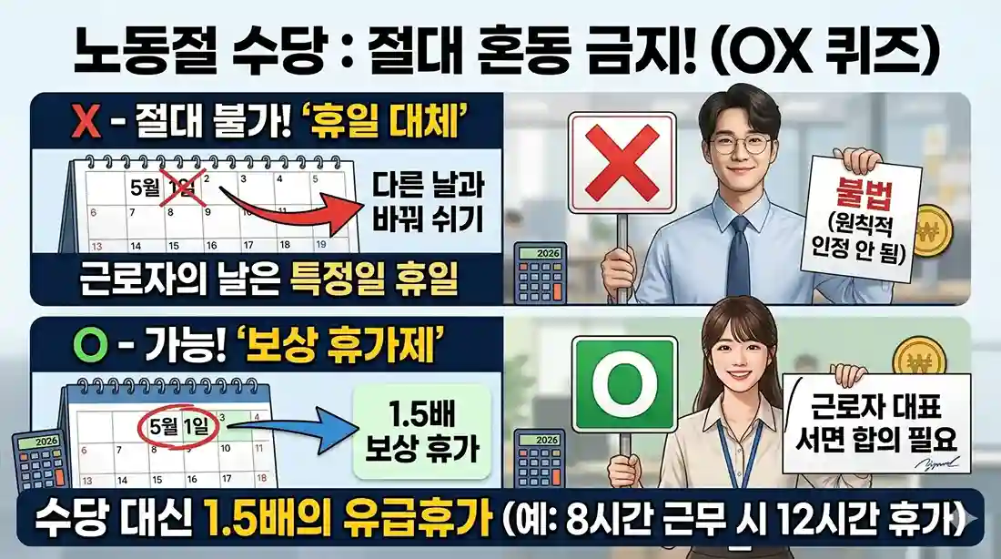 노동절 수당 대체휴무 인정 여부 비교 인포그래픽. 다른 날과 바꿔 쉬는 '휴일 대체'는 불법(X)이지만, 근로자 대표 서면 합의 후 1.5배의 유급 휴가를 주는 '보상 휴가제'는 합법(O)임을 설명