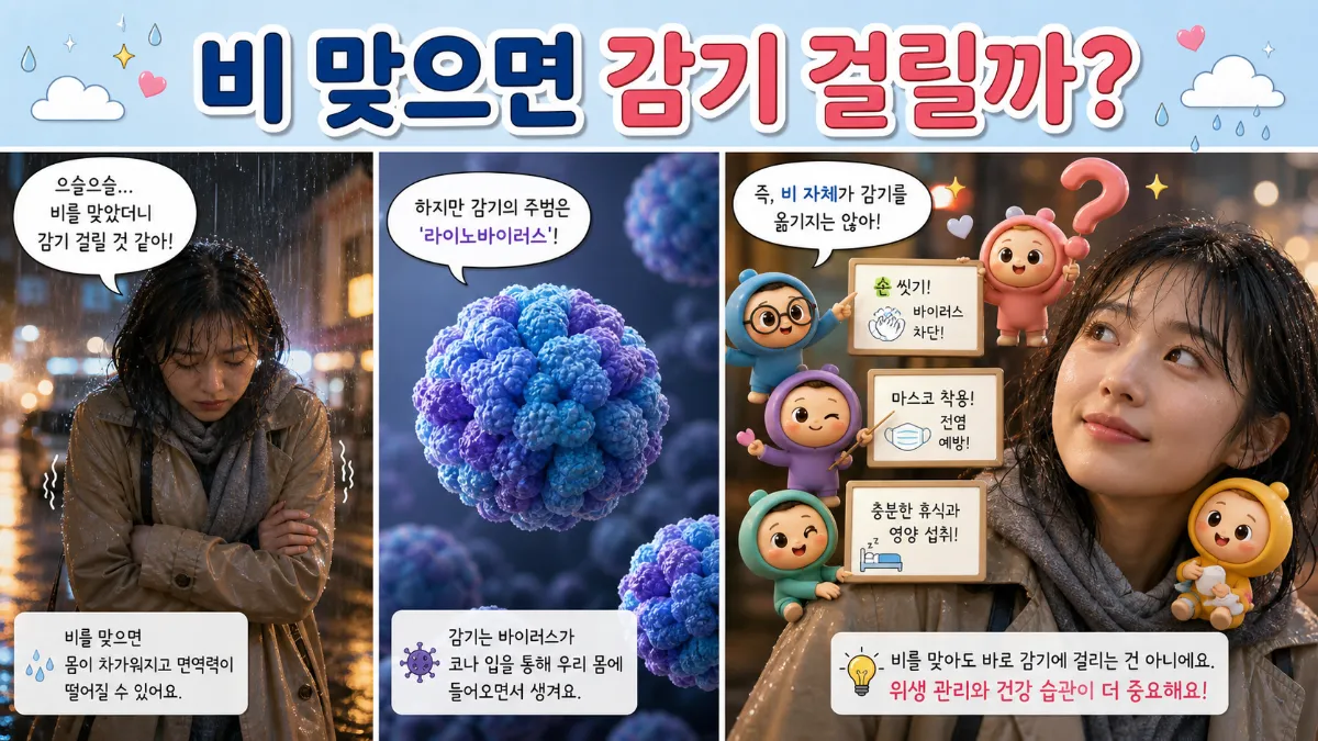 비 맞으면 감기 걸리는지에 대한 질문을 다룬 교육용 만화 일러스트