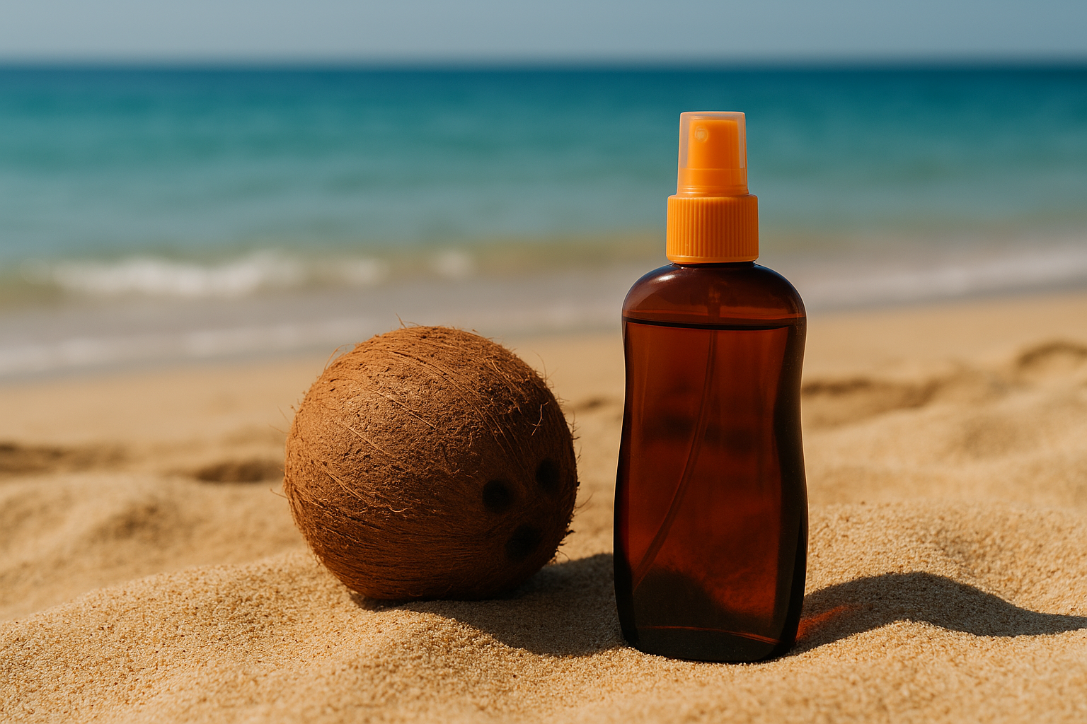 해변가에 코코넛과 태닝오일이 놓여져있는 감성적인 풍경 이미지