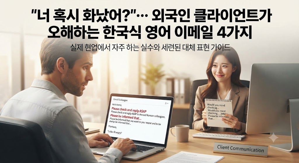A professional business communication guide showing a client reviewing an email with common Korean-style English mistakes, while the sender uses a notebook to show natural alternative expressions.