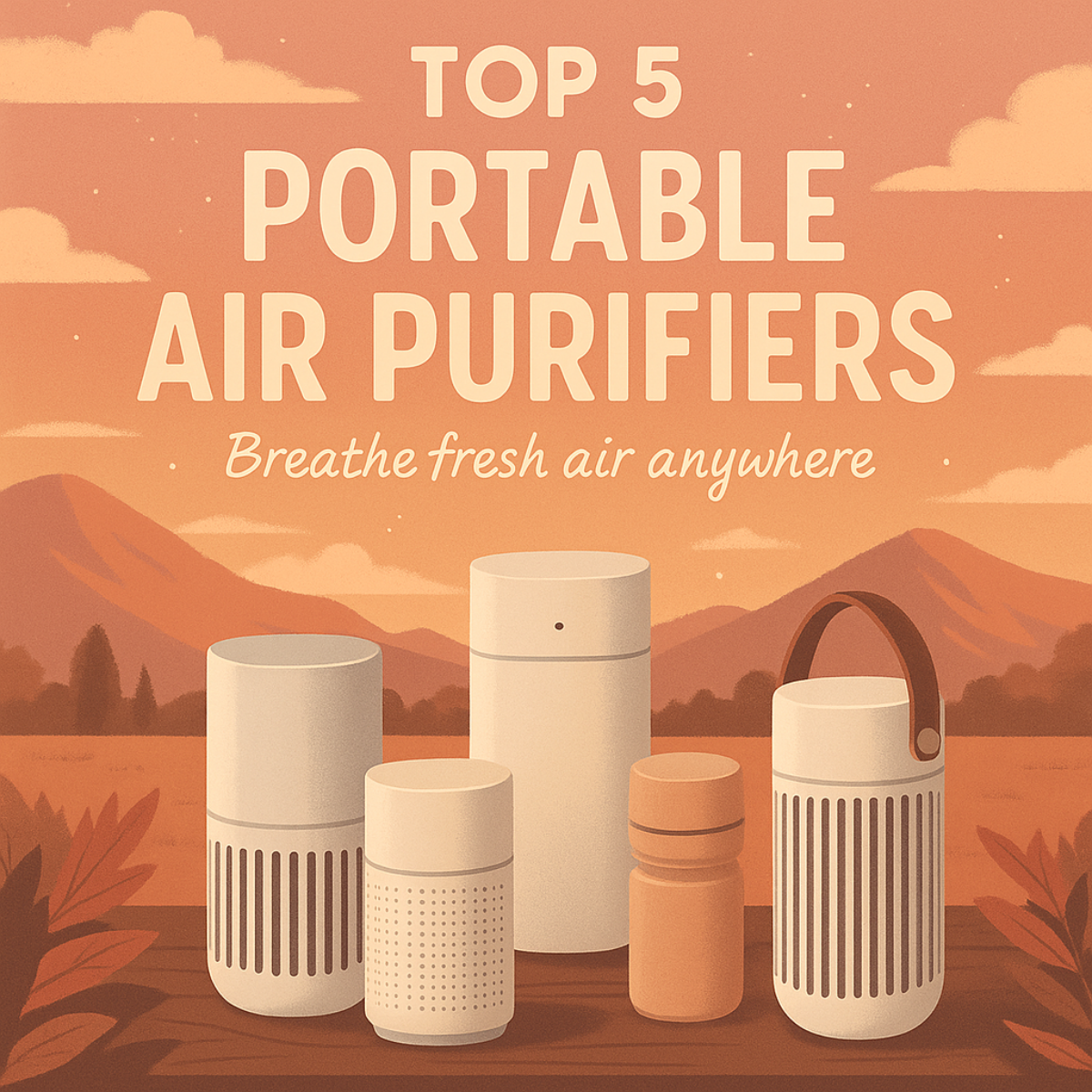 감성적인 일러스트로 표현된 TOP 5 휴대용 공기청정기 추천 썸네일 &ndash; 목가적인 배경 속에 정갈하게 배열된 미니 공기청정기들과 'Breathe fresh air anywhere'라는 문구가 돋보이는 이미지