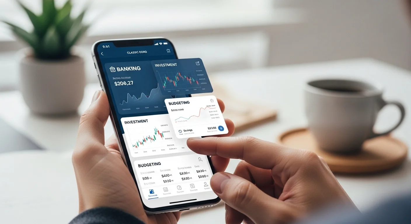 다양한 금융 앱이 실행된 스마트폰을 들고 재정 관리를 하는 모습.