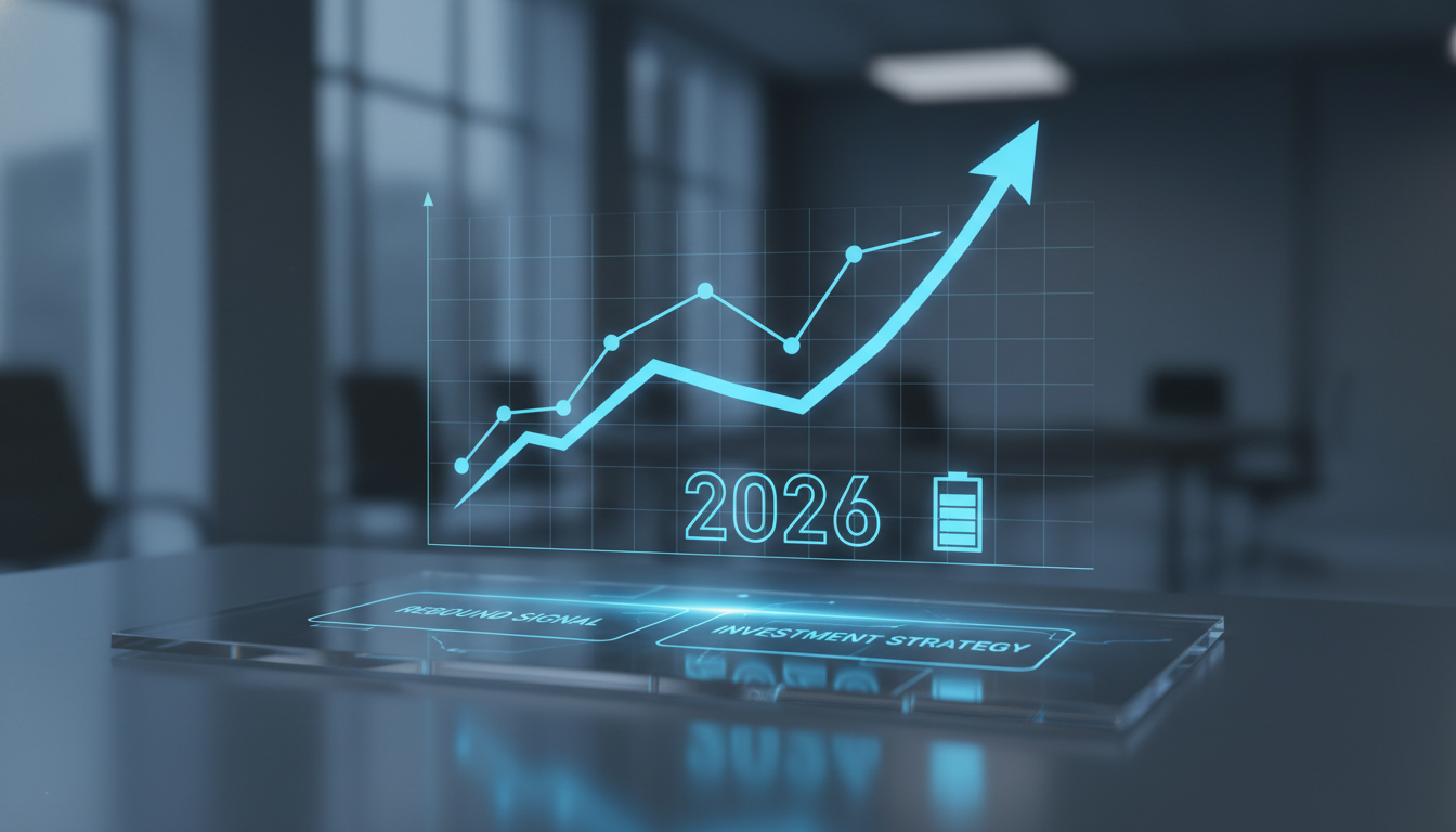 2026년 2차전지 시장 반등 시그널과 투자 전략을 나타내는 홀로그램 차트와 배터리 아이콘