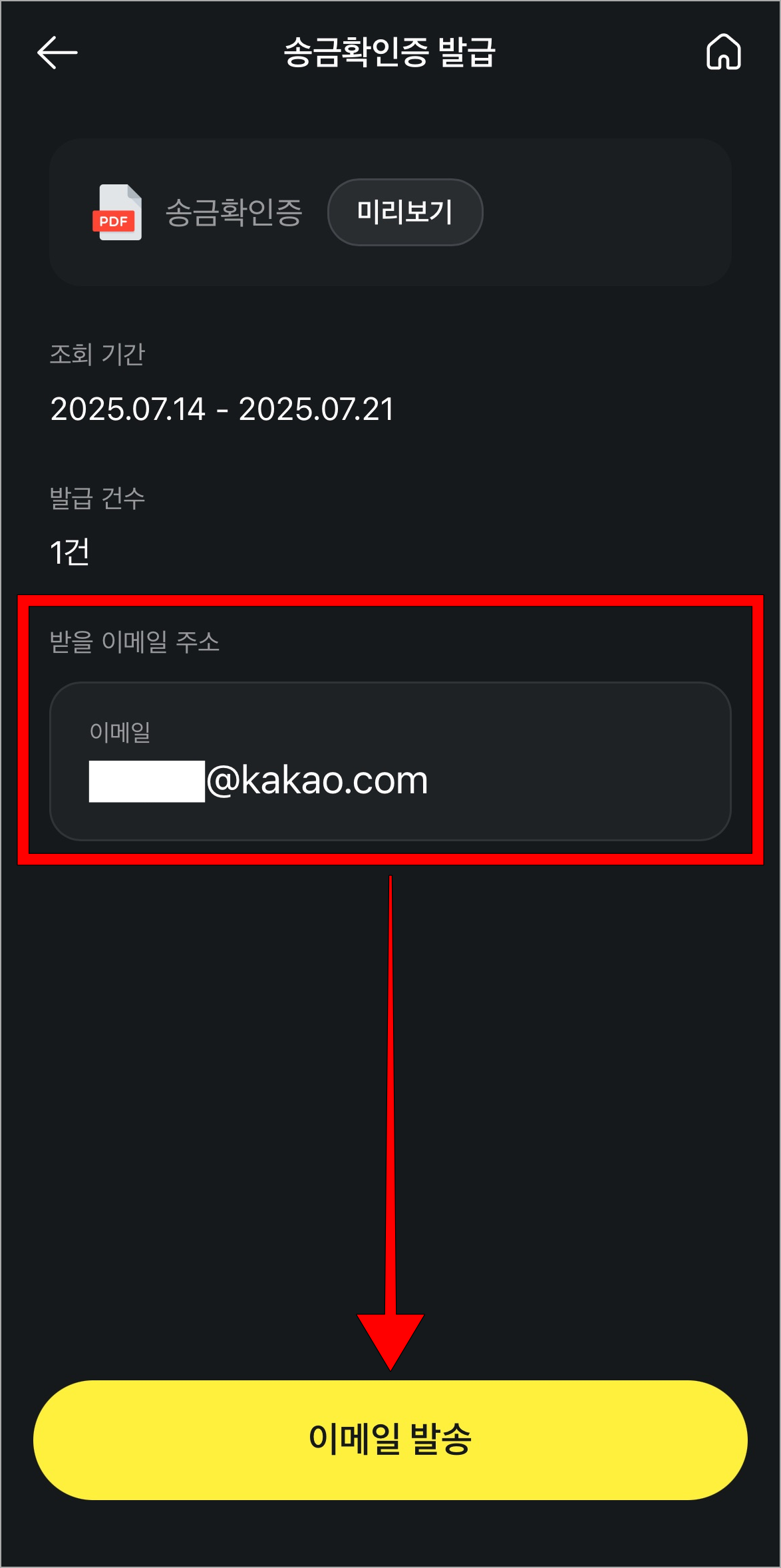 송금확인증을 받을 이메일 주소를 입력하고, '이메일 발송' 버튼을 선택