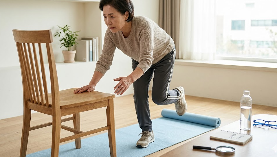 낙상 예방과 체력 관리를 위해 의자와 매트를 활용해 균형 감각을 키우고 있는 여성