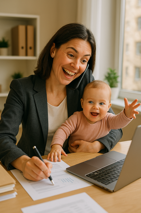 귀여운 아기와 엄마, 엄마는 아이를 앉고 통화를 하면서 일을 하고 있다. 일과 육아를 즐기고 있는 모습의 이미지다.