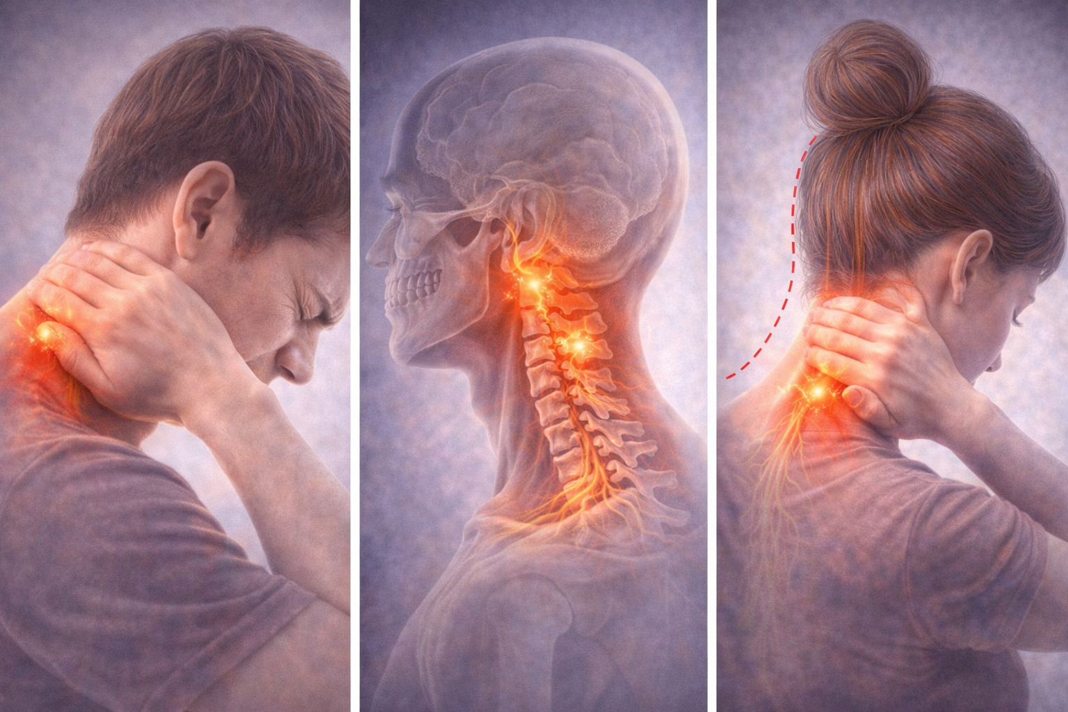 목 뒤 통증 원인 거북목 증후군 목 근육 긴장으로 힘든 모습