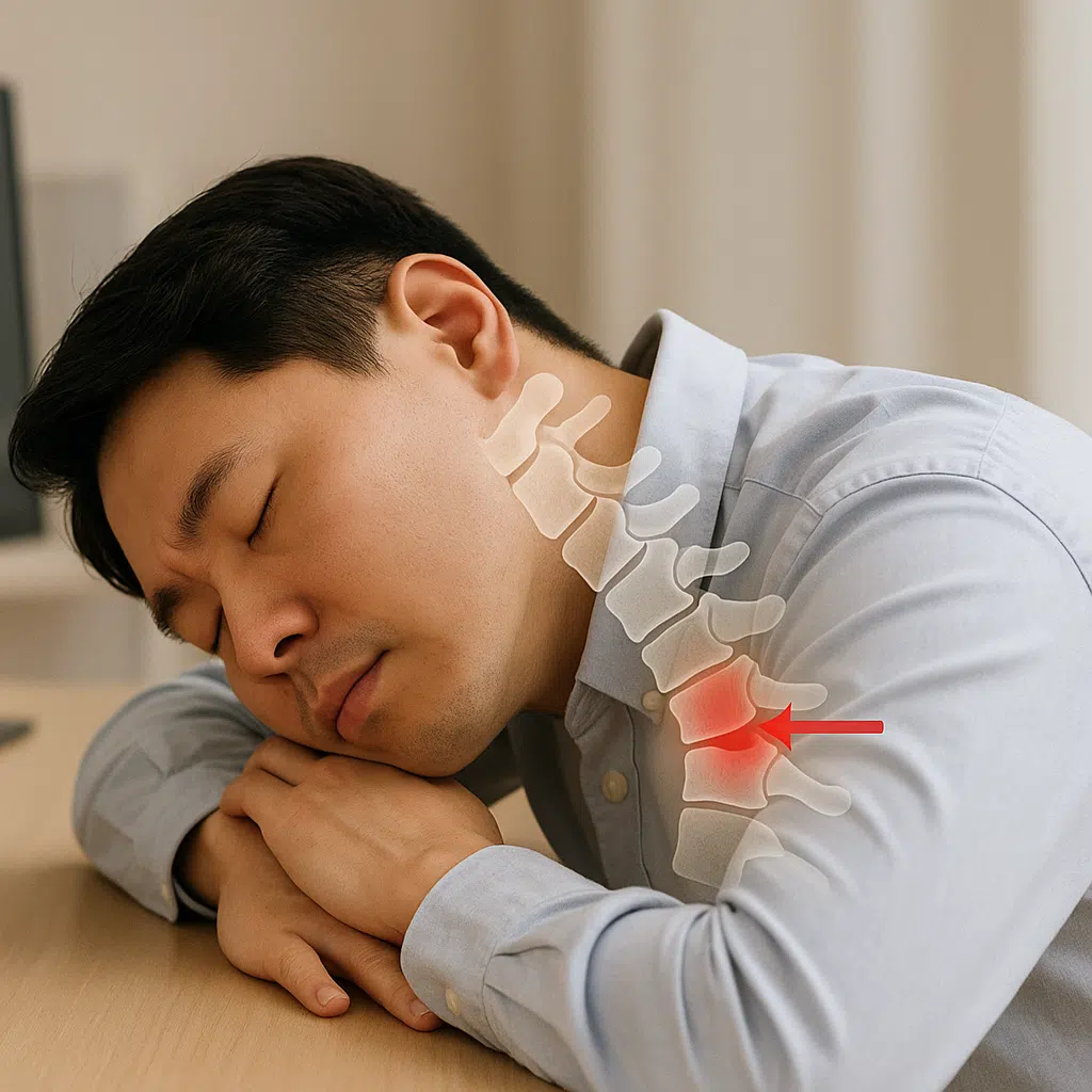 사무실 책상 위에 엎드려 자는 한국인 직장인, 목이 한쪽으로 돌아간 상태, 경추에 측면 압박이 가해지는 해부학 오버레이