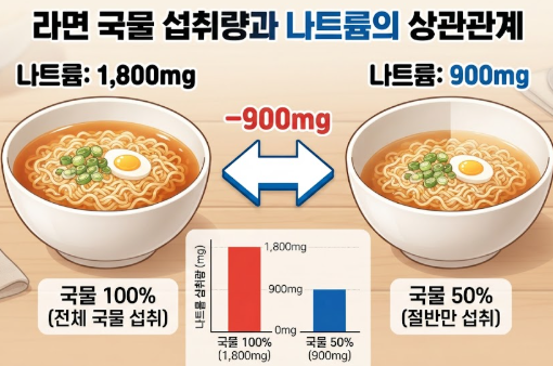 라면 국물을 전부 마셨을 때 나트륨 1,800mg과 절반을 남겼을 때 900mg을 비교한 그림