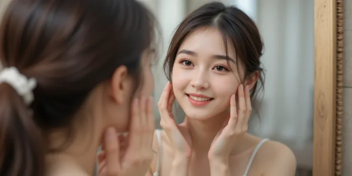 거울을 보며 피부 상태 확인하는 모습