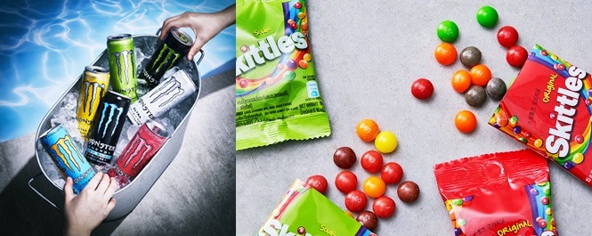 몬스터 에너지 울트라 음료와 스키틀즈