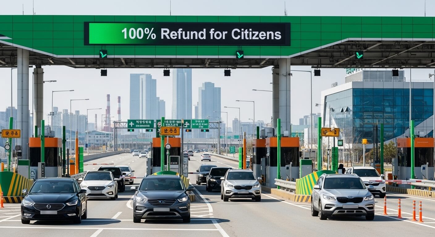 툴게이트에 차량이 이동하고있고 100 % 환급이라고 써여있다