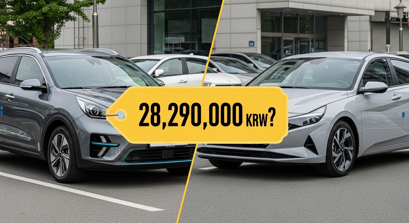 기아 니로 EV와 현대 아반떼가 나란히 서 있고, 가운데 &quot;2829만 원?&quot;이라는 가격표가 붙어있는 이미지