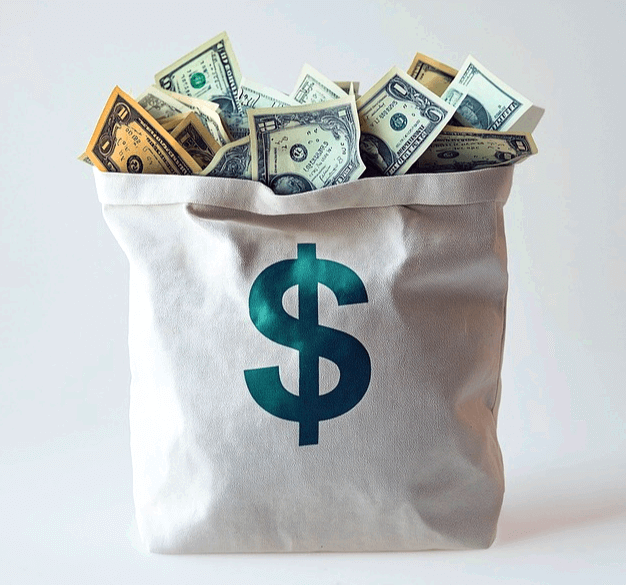 네모난 하얀색 천주머니 안에 달러지폐가 가득 들어있다.