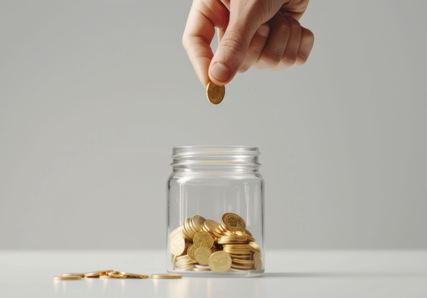 소액 투자와 저축을 상징하는 동전을 병에 넣는 손