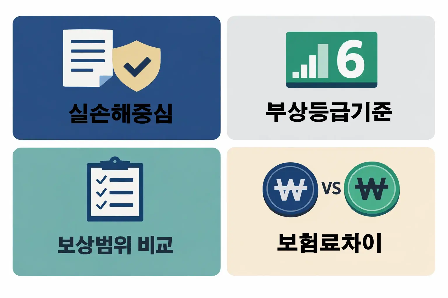 자동차 상해보험 실손보상 구조와 부상등급 기준 보상범위 보험료 차이를 비교 설명한 자동차보험 인포그래픽