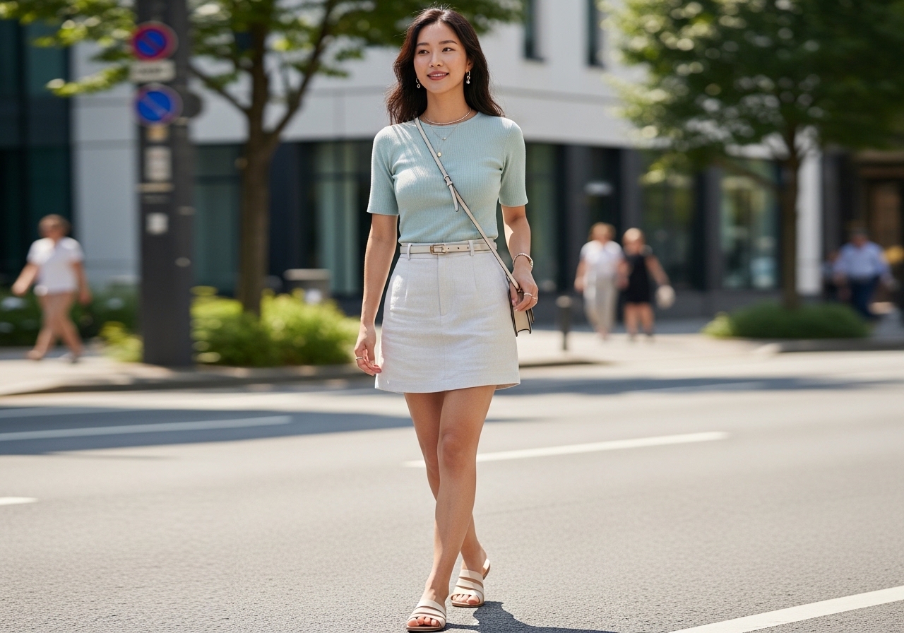 린넨 소재의 시원한 미니스커트를 입은 여름 코디